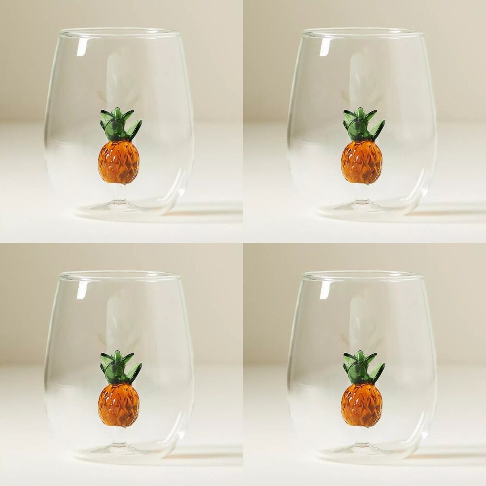 NWT ANTHROPOLOGIE SET OF 4 CHEERIE ICON STEMLESS WINE GLASS 3D PINEAPPLE YELLOW